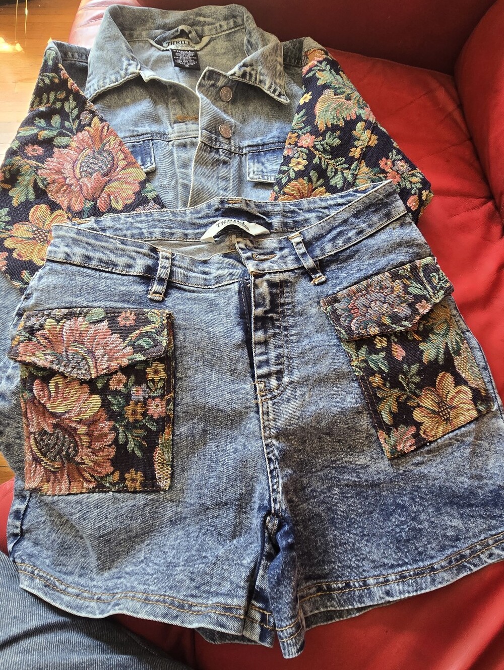 Thrill Blue Denim Shorts with Multicolor Floral Tapestry Pockets